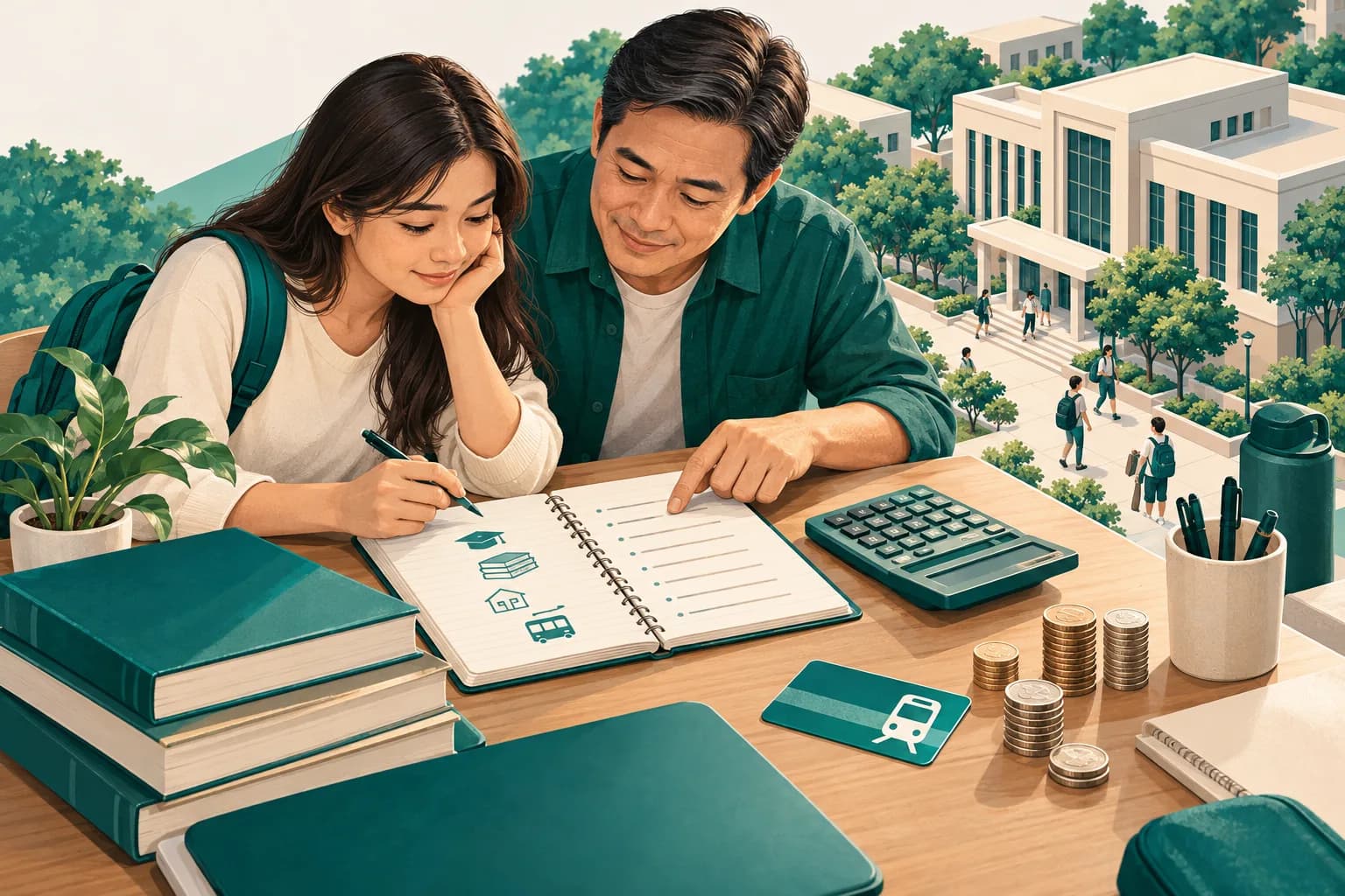 Illustration of a Filipino student comparing college budgets, a scholarship folder, and a calculator.