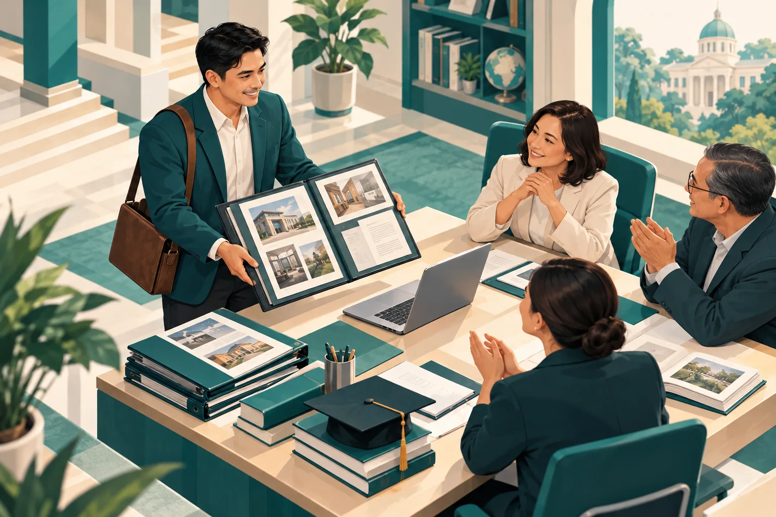 Editorial illustration of a Filipino working adult organizing employment records and learning evidence beside a laptop.