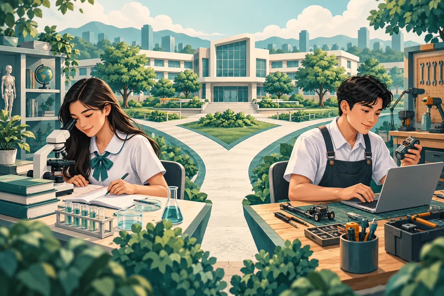 Editorial illustration of Filipino senior high school students comparing academic study and practical technical learning.