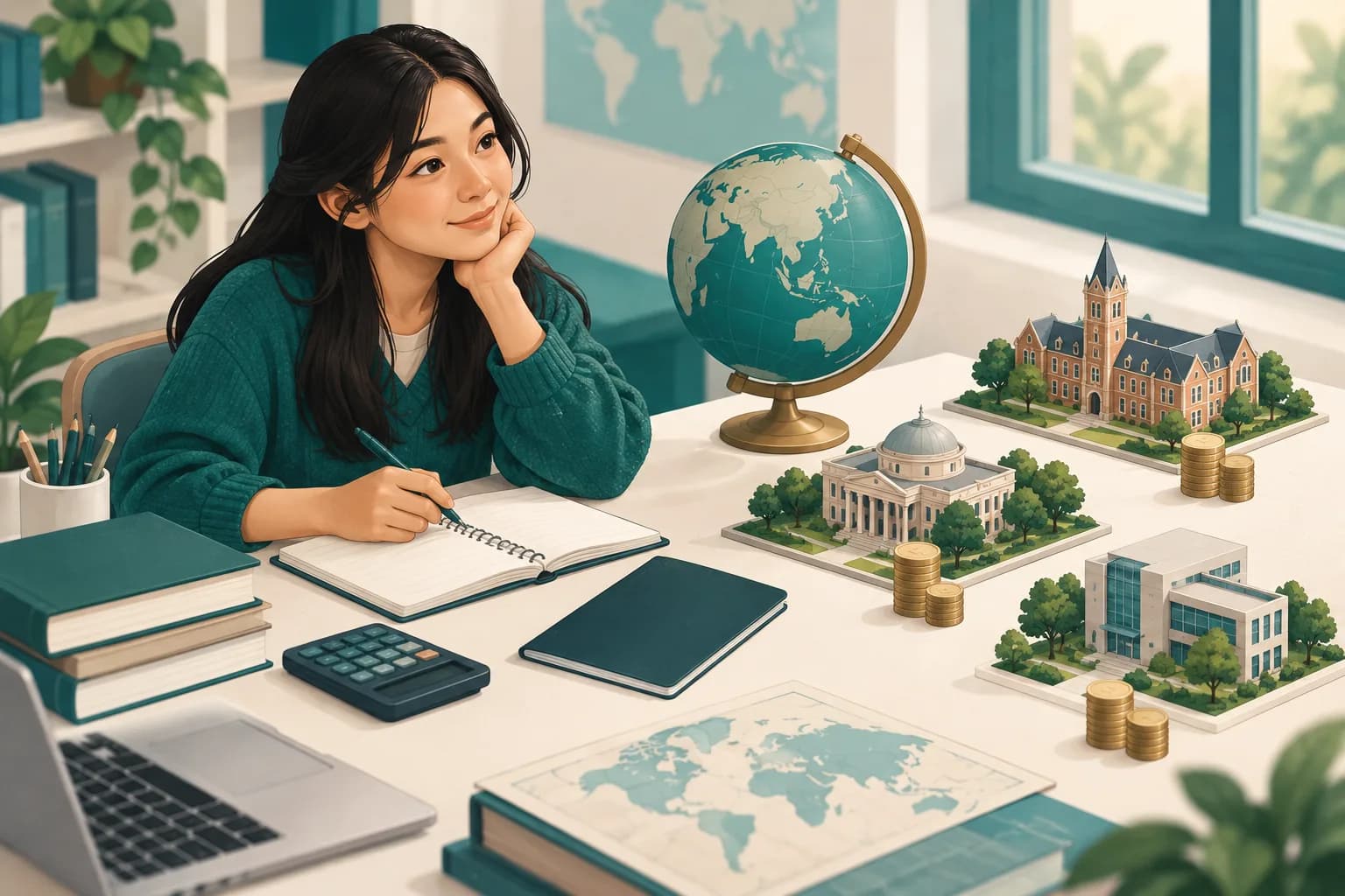 Editorial illustration of a Filipino student comparing international campus options with a globe, calculator, and savings.
