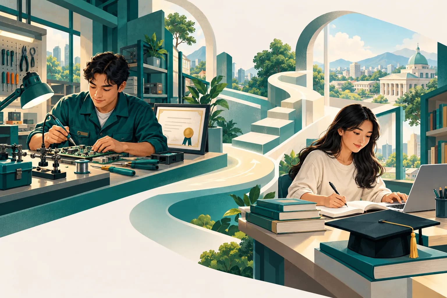Illustration of a Filipino learner comparing a practical training workshop and a college study pathway.